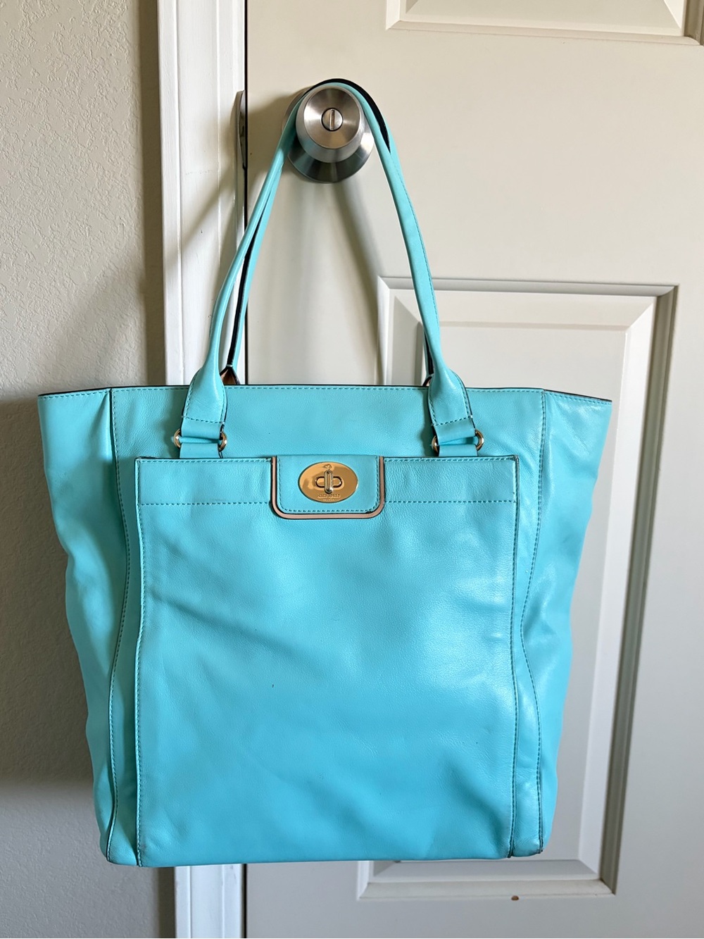 Kate Spade Turquoise Leather Tote Bag with Turn-Lock Closure